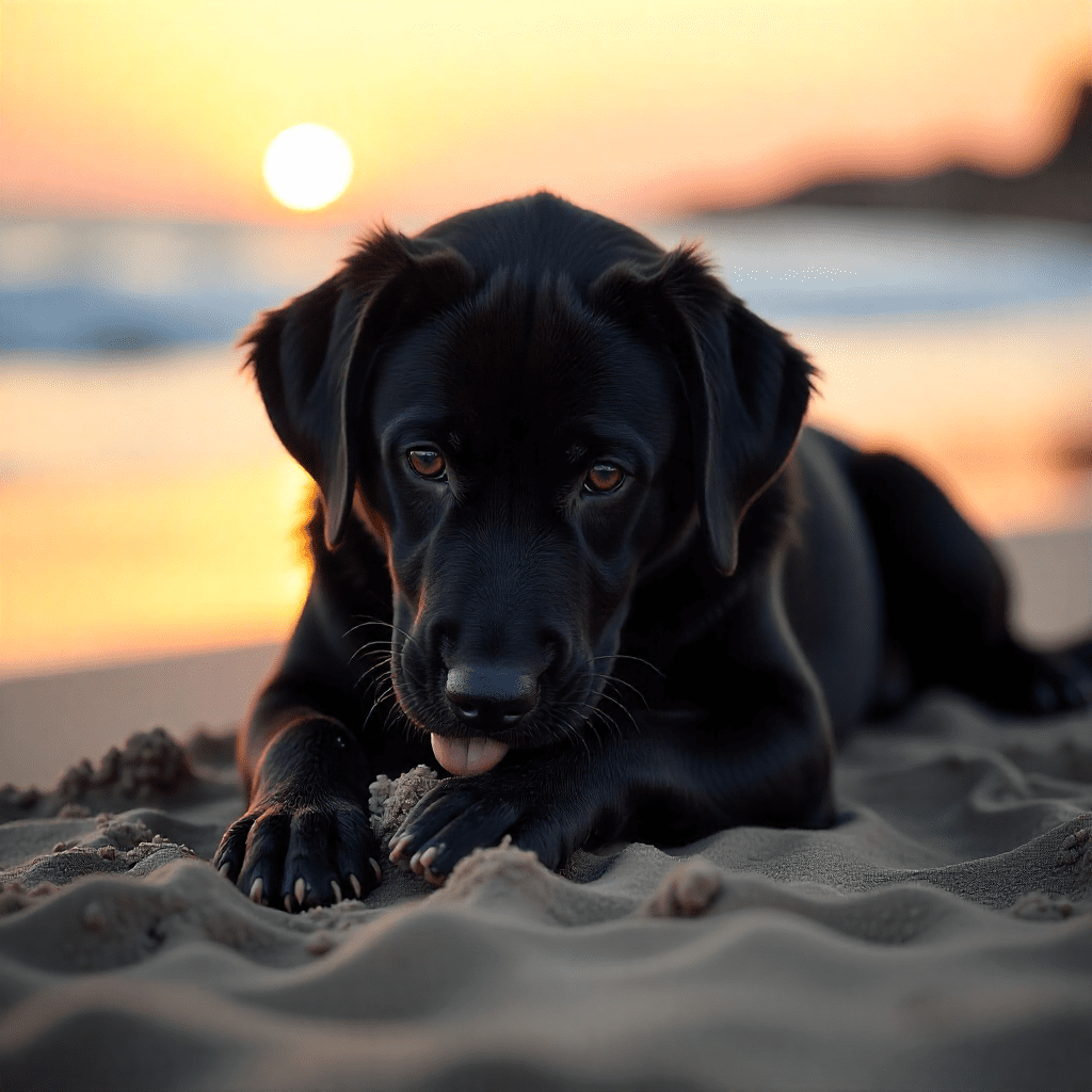 perro en la playa lamiendo sus patas