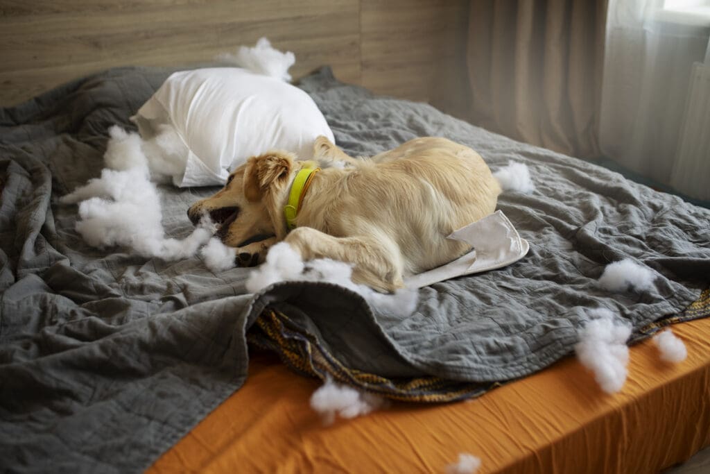 perro mordiendo su cama