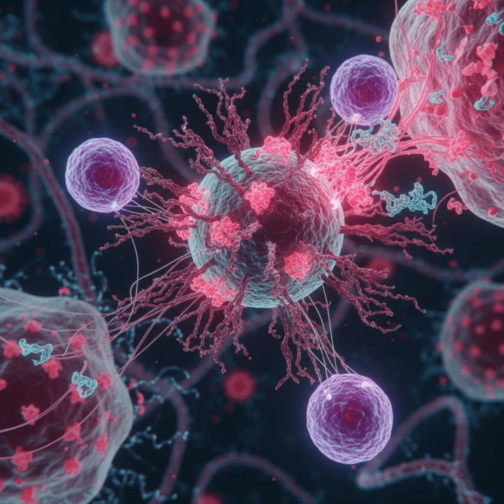 Células dendríticas presentando antígenos a linfocitos en un ganglio linfático