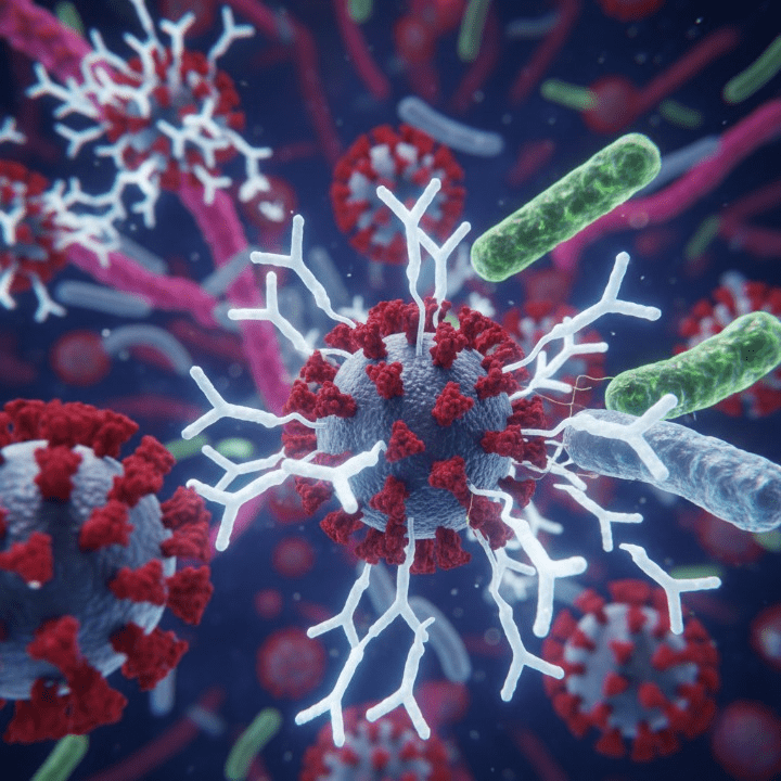 Anticuerpos (en forma de "Y") atacando patógenos