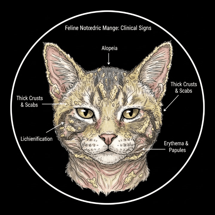 el ácaro Notoedres cati en la cara de un gato, con las lesiones características.