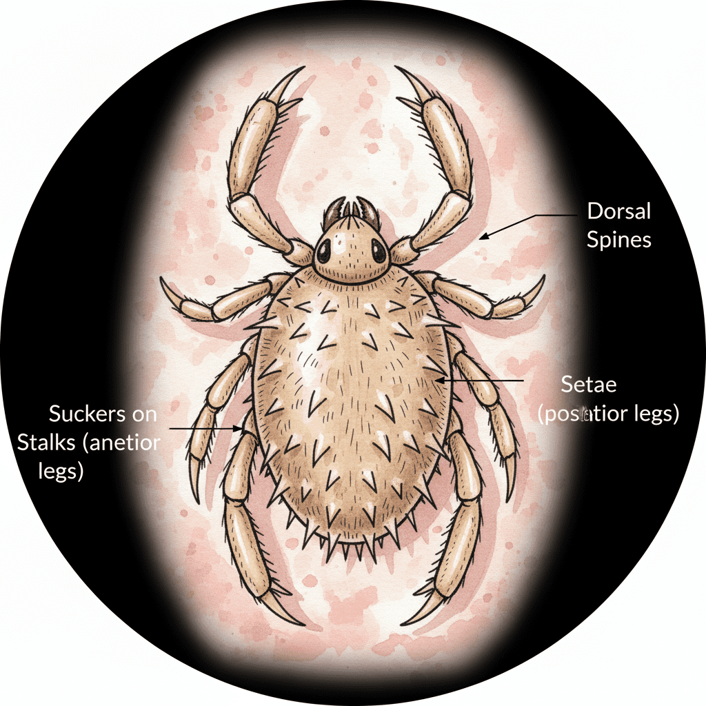Vista más cercana del ácaro, resaltando las espinas dorsales ("erizo") y sus patas, con un enfoque en la morfología