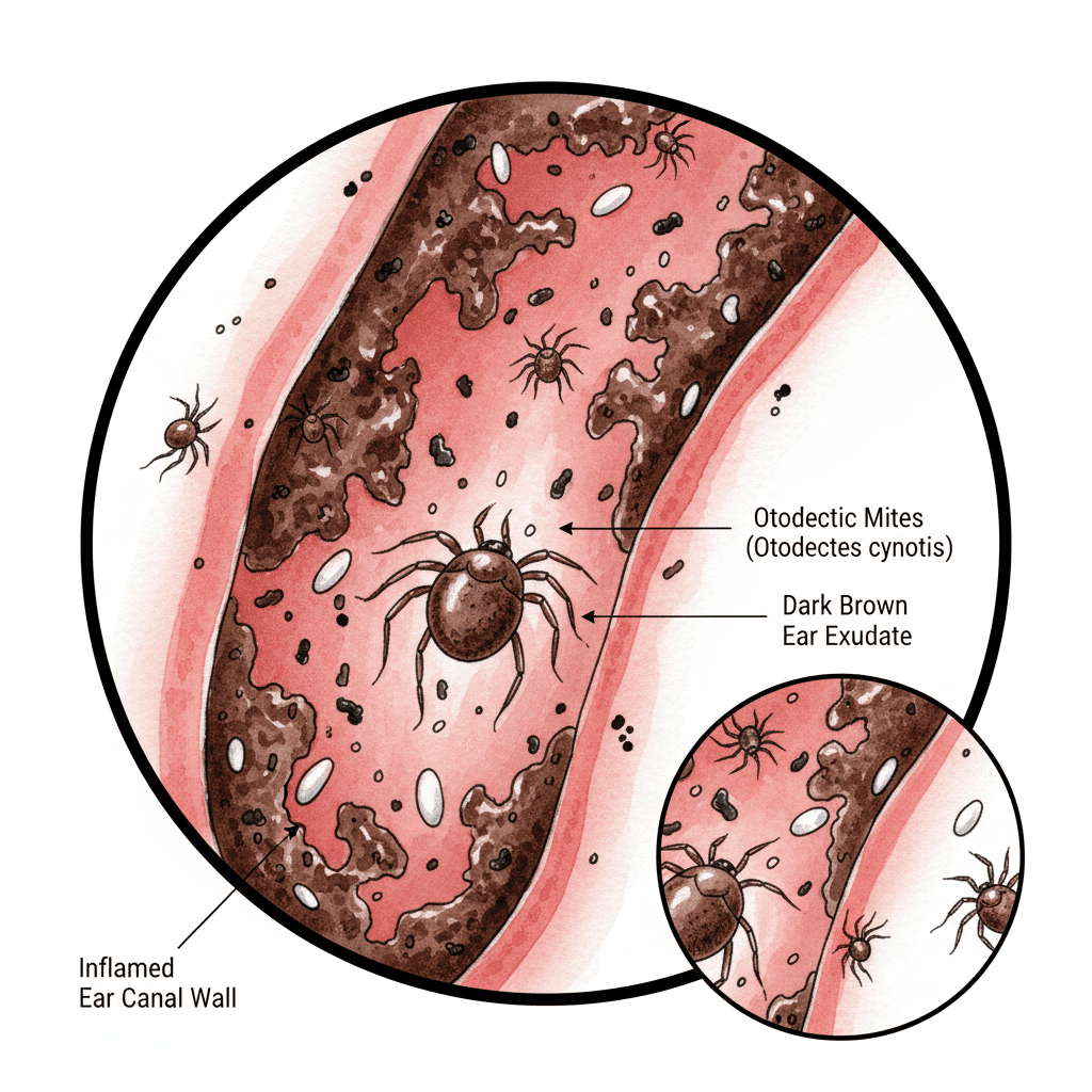 Una vista de cerca del conducto auditivo externo de un animal, mostrando los ácaros Otodectes cynotis y la secreción característica de color café oscuro.