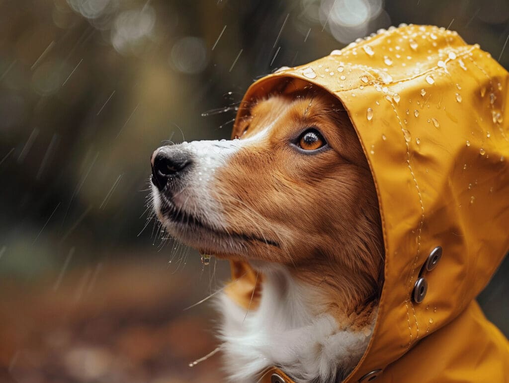 perro con impermeable para la lluvia
