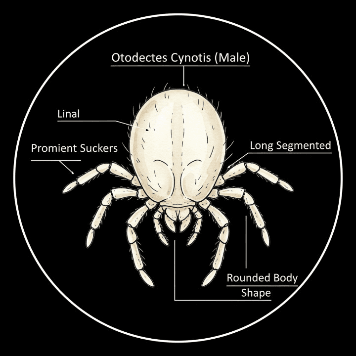 Morfología del ácaro Otodectes cynotis bajo el microscopio, destacando su forma redondeada y patas largas con ventosas.