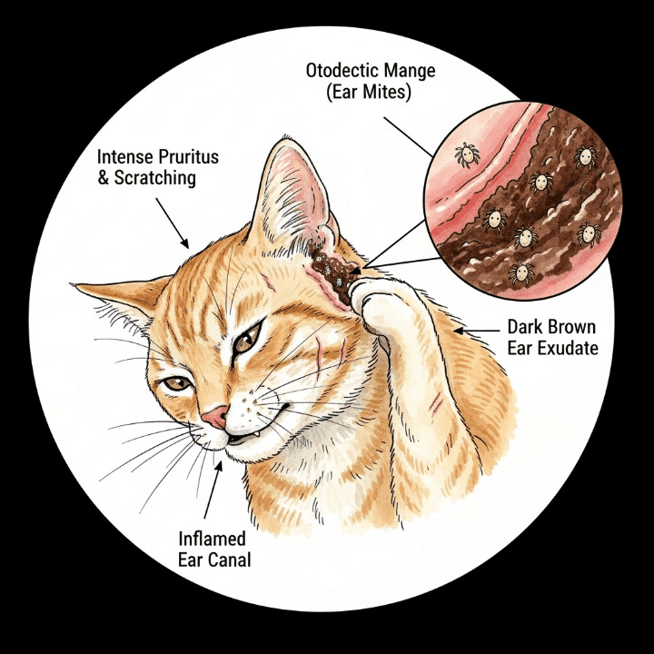 Un gato mostrando los signos clínicos de otitis por Otodectes cynotis, con secreción oscura y rascado de orejas.