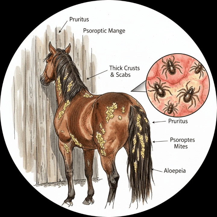 Un caballo rascándose la cola contra una pared, indicando la presencia de sarna psoróptica en la crin y la cola.