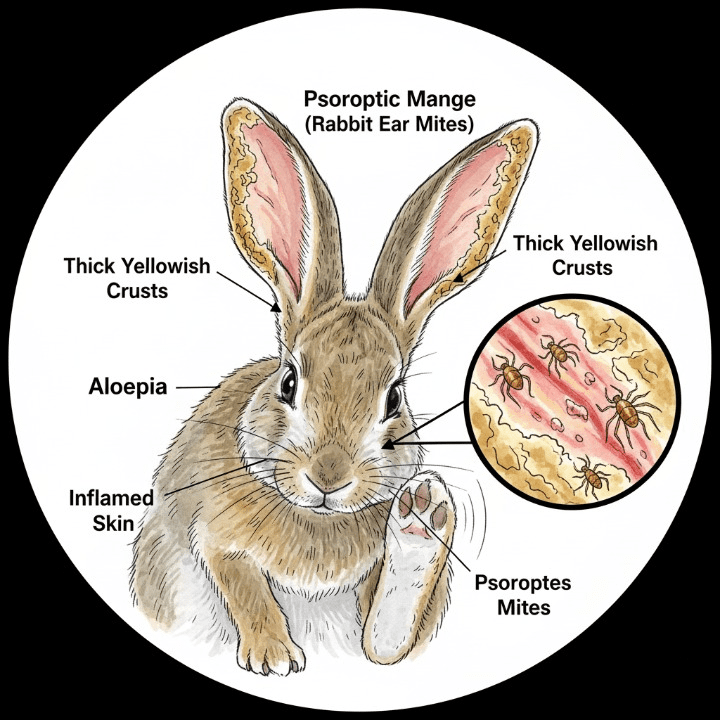 Un conejo con sarna psoróptica en las orejas, mostrando las costras y el prurito característico.