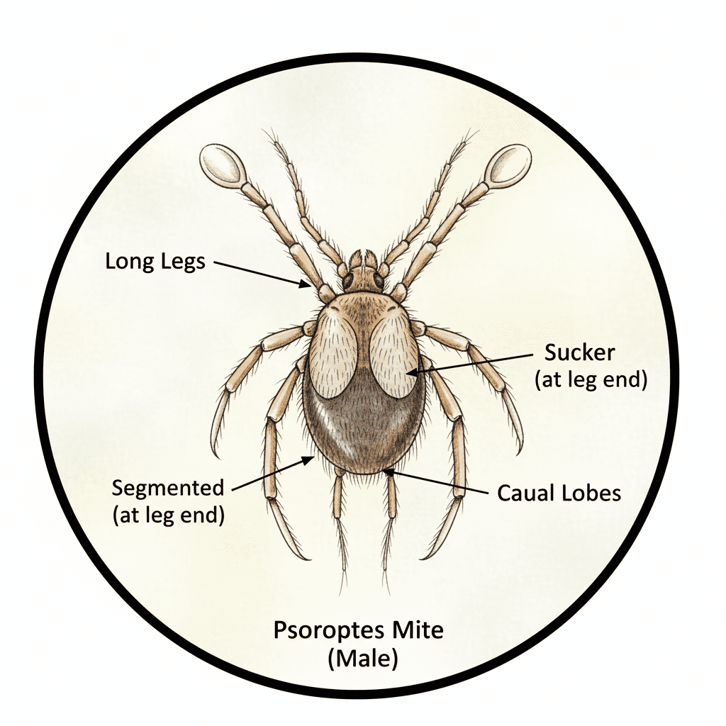 Morfología del ácaro Psoroptes bajo el microscopio, destacando sus patas largas y las ventosas al final de los pedículos.